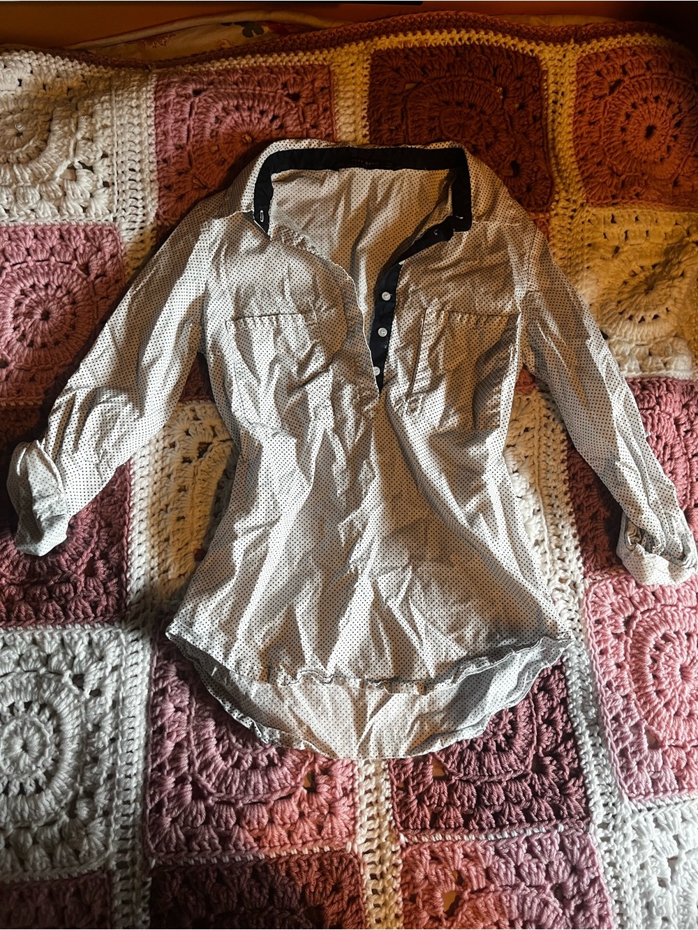 Zara White Polka Dot Print Button-Down Top with Black Trim
